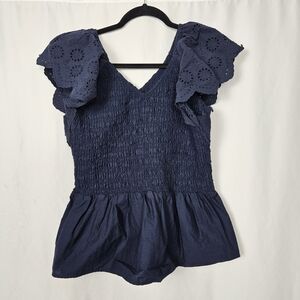 Time and Tru Navy Eyelet Ruffle Blouse Size XL